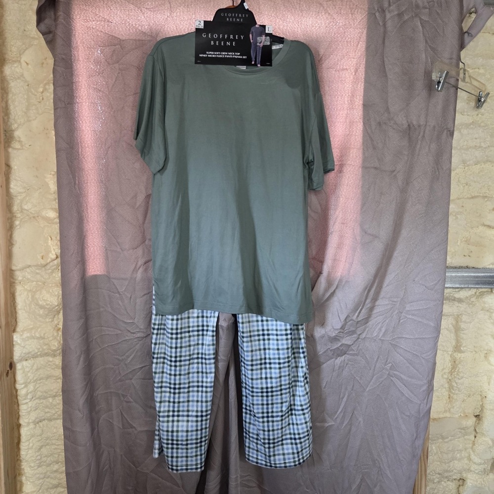 Geoffrey Beene Pajama Set Mens Large Green Plaid Fleece Lounge Sleepwear 2 Piece